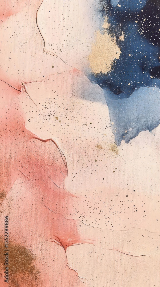 Fototapeta premium Abstract painting with soft pink and blue washes, gold accents, and textural elements