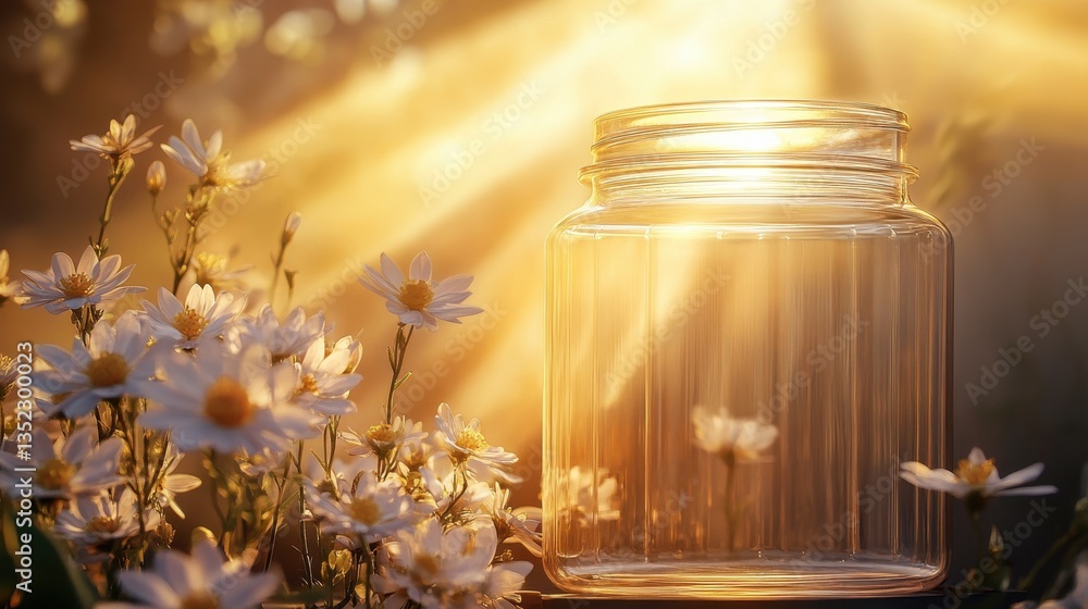 Transparent plastic jar mockup, softly illuminated by golden sunset rays, with elegant decor. Transparent plastic jar mockup, softly illuminated by golden sunset rays, with elegant decor.