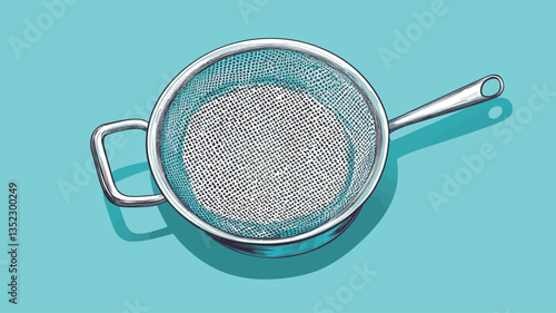 High-angle, close-up view of a round metal sieve or strainer filled with small, light-colored grains. The sieve has a metallic silver appearance and a simple design with a handle.  It is positioned