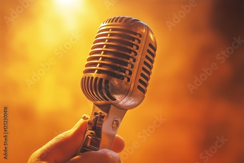 Vintage Microphone Held in Hand With Warm Glowing Background for Live Perform...