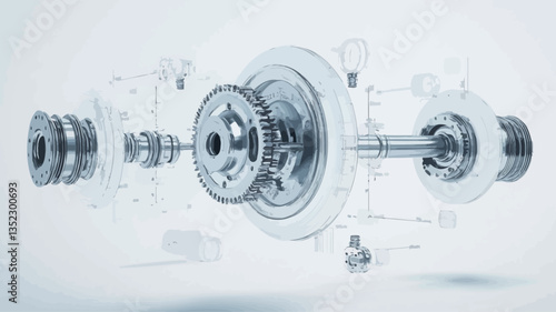 A 3D rendering of an exploded view of a mechanical gear system. The image shows various interconnected gears, shafts, and other components in a transparent, cutaway style, revealing the inner