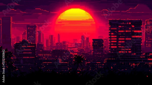 Wallpaper Mural Pixelated sunset illuminates retro cityscape with vibrant hues Torontodigital.ca