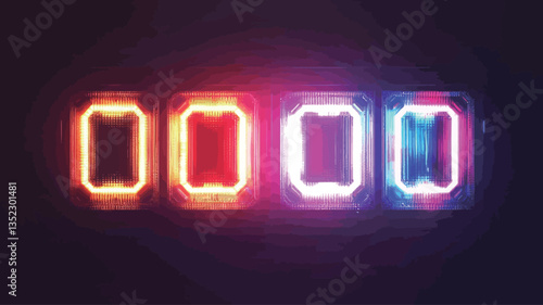 Four neon-style digits depicting the number zero (0000) are arranged horizontally against a dark background. Each digit is enclosed in a rectangular frame with a bright, glowing neon effect in