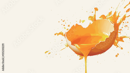 Close-up shot of a broken eggshell with yolk splashing outwards against a stark white background. The yolk is a vibrant yellow-orange color, exhibiting a dynamic, irregular splash pattern.  The