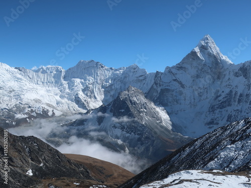 Snowy ridges and clouds in Himalayan range