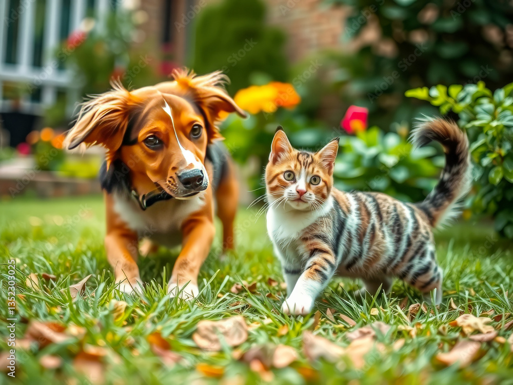 A dog and a cat are playing in a grassy yard. The dog is brown and white, while the cat is striped. The scene is lively and playful, with the two animals enjoying each other's company