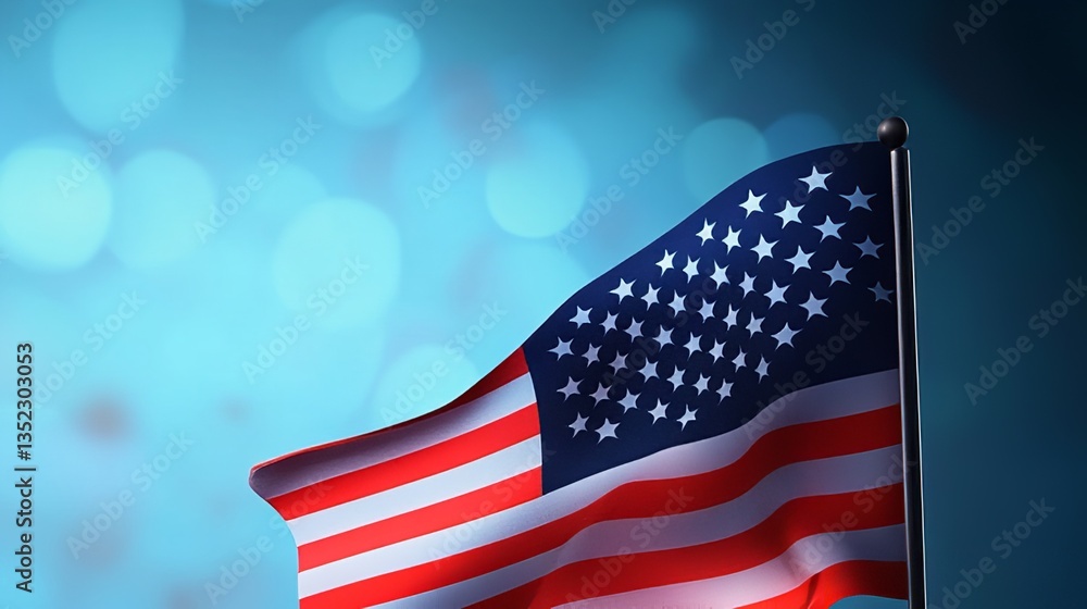 A close up of the american flag waving against a blurred blue background with bokeh effect lights A close up of the american flag waving against a blurred blue background with bokeh effect lights