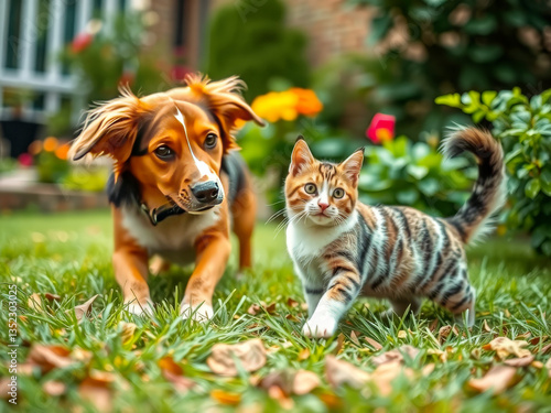 Obraz na płótnie A dog and a cat are playing in a grassy yard. The dog is brown and white, while the cat is striped. The scene is lively and playful, with the two animals enjoying each other's company w salonie