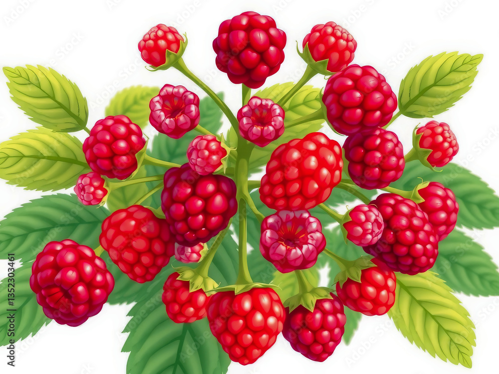 A bunch of red raspberries on a leaf. The berries are ripe and ready to be picked