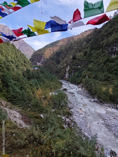 Mountain river and forest valley with prayer flags