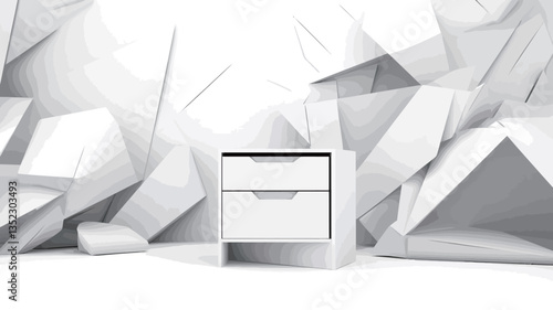 The image is a 3D render depicting a small, white two-drawer nightstand positioned in a room with an abstract background. The background features a textured wall composed of various sizes and