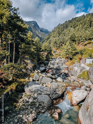 Mountain river flowing between forested slopes with snow-capped peaks