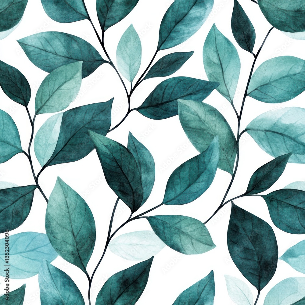Fototapeta premium Watercolor painting shows a seamless pattern of teal colored leaves