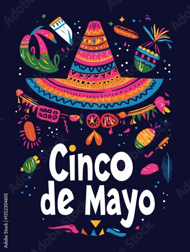 Colorful illustration celebrating Cinco de Mayo with sombrero, maracas, and festive decorations