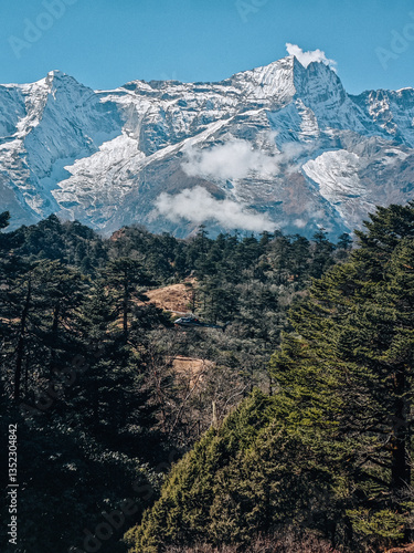 Mountain river flowing between forested slopes with snow-capped peaks