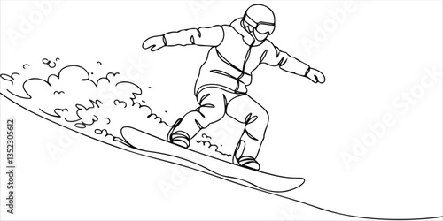 Snowboarding on Alpine Slopes Friends snowboarding down powdery alpine slopes on a sunny winter day,  continuous single one line art hand drawing sketch white background