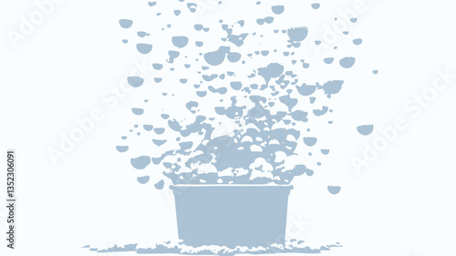 A digitally created image depicts a white bucket or container on a white surface. Numerous white spherical bubbles, varying in size, appear to be overflowing from the container and are dispersed in