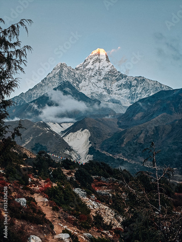 Snowy peak of Ama Dablam mountain
