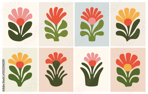 Vector abstract flower doodle set inspired by Matisse style showcasing colorful floral designs in flat style
