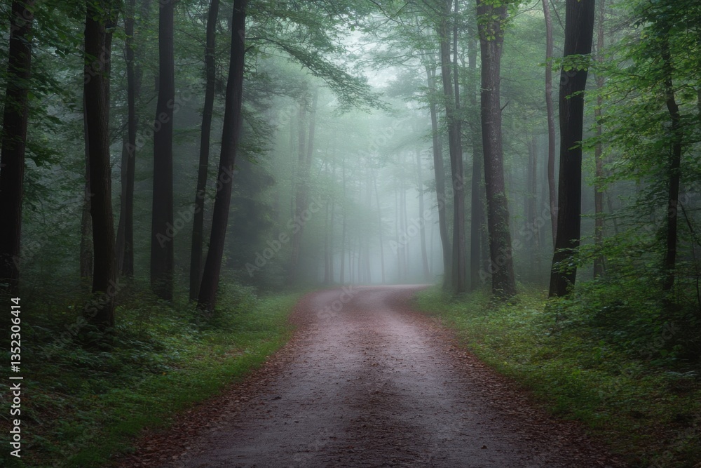 Fototapeta premium Forest path in morning fog ethereal mood and soft diffused light with space for text above