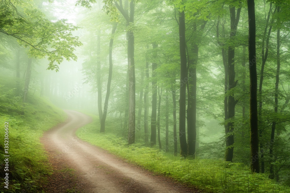 Fototapeta premium Forest path in morning fog ethereal mood and soft diffused light with space for text above
