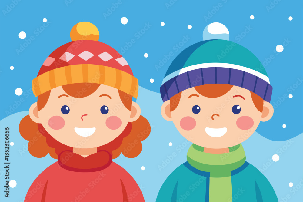 Cartoon Kids With Winter Hats Smiling Under Snowfall, ChildLike Style Cartoon Kids With Winter Hats Smiling Under Snowfall, ChildLike Style