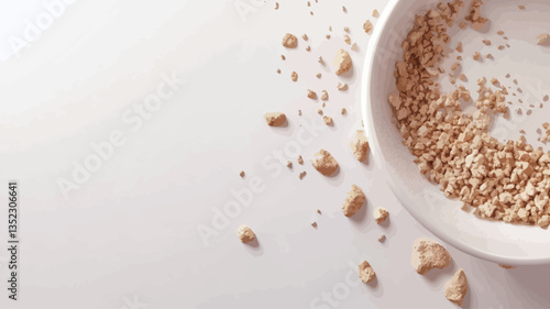 High-angle, close-up view of a white bowl filled with light-brown cereal.  Some cereal pieces are scattered on a white surface around the bowl. The image is brightly lit, with a minimalist