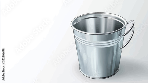 A digitally rendered image of a small, cylindrical metallic bucket with a handle.  The bucket is empty and appears to be made of brushed or polished metal with a reflective surface. The background