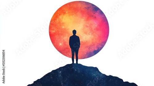 A solitary figure stands before a celestial glowing orb