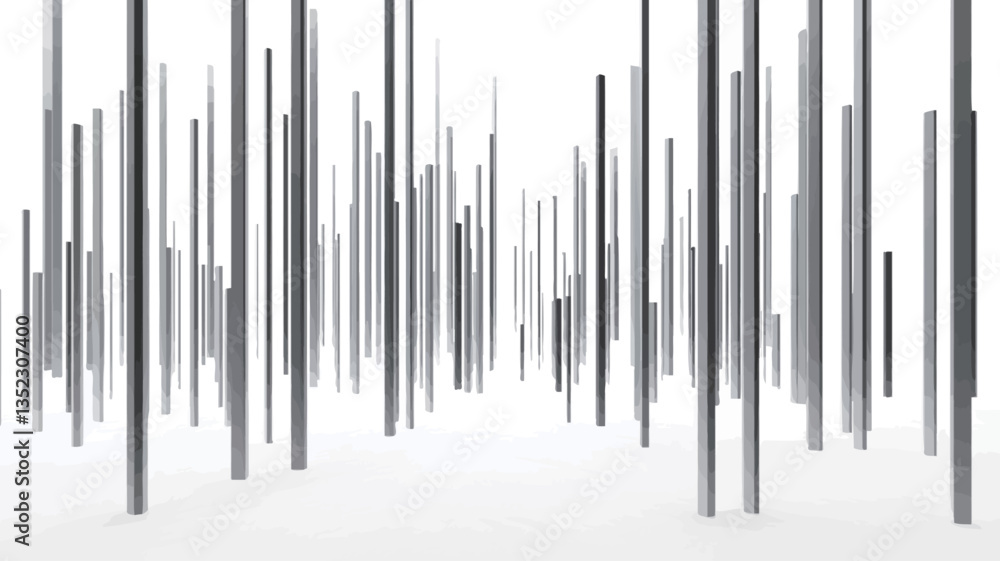 The image presents an abstract pattern composed of numerous vertical lines of varying heights and shades of gray against a white background. The lines are rectangular in shape, creating a sense of The image presents an abstract pattern composed of numerous vertical lines of varying heights and shades of gray against a white background. The lines are rectangular in shape, creating a sense of