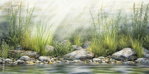 A serene landscape image depicts a waterside environment with sunlight