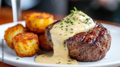 Filet mignon plated with a creamy tarragon-infused hollandaise sauce and crispy potato croquettes high-end gourmet experience