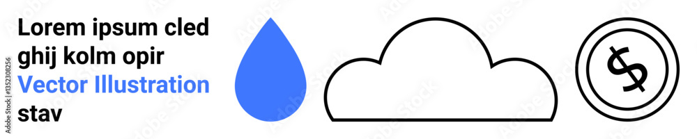 Cloud outline, blue water drop, and dollar coin circle. Ideal for finance, sustainability, cloud computing, savings, water resource management weather and minimalist design metaphors. Abstract line Cloud outline, blue water drop, and dollar coin circle. Ideal for finance, sustainability, cloud computing, savings, water resource management weather and minimalist design metaphors. Abstract line