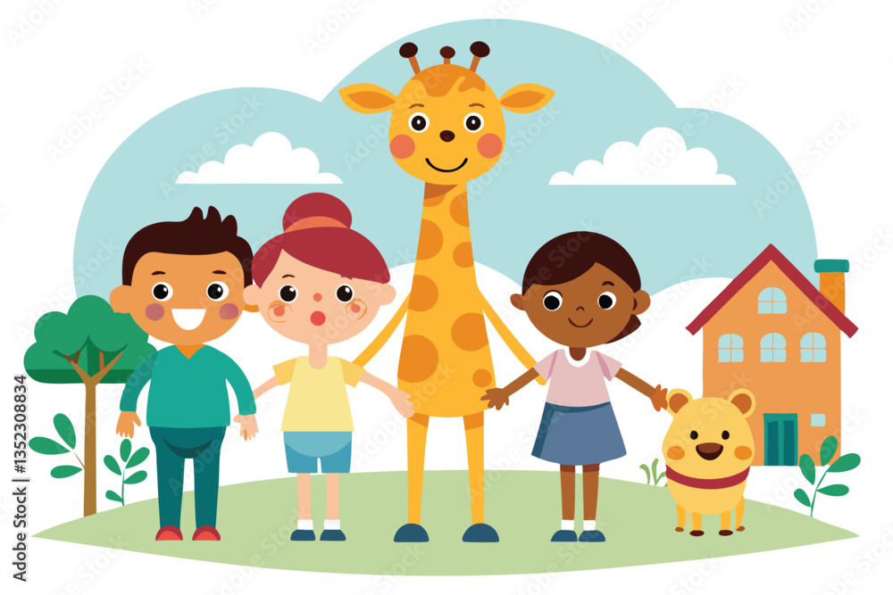 Cheerful Multiethnic Kids Standing with Giraffe & Teddy Bear in an Outdoor Setting Cheerful Multiethnic Kids Standing with Giraffe & Teddy Bear in an Outdoor Setting