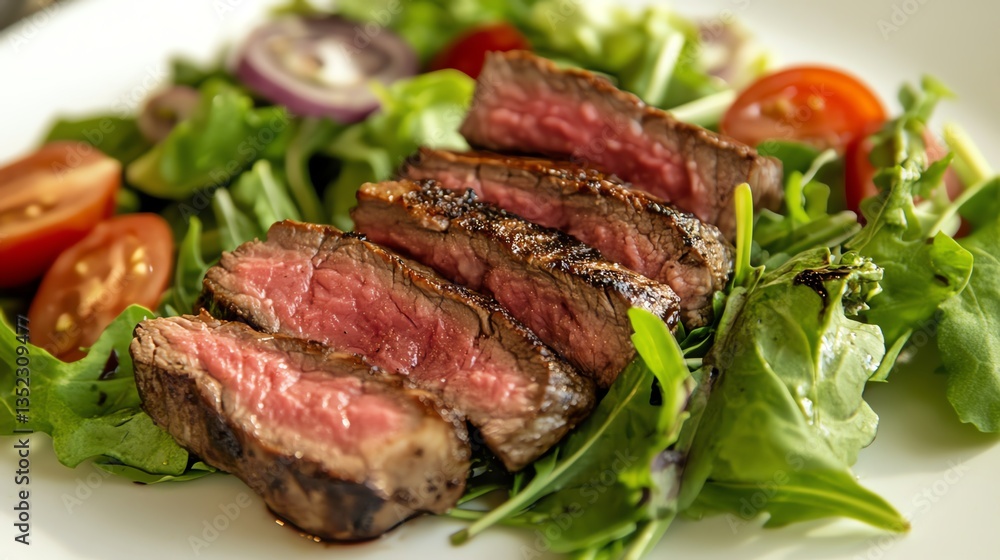 Grilled steak served with a side of fresh garden salad and balsamic vinaigrette dressing bright and fresh Grilled steak served with a side of fresh garden salad and balsamic vinaigrette dressing bright and fresh