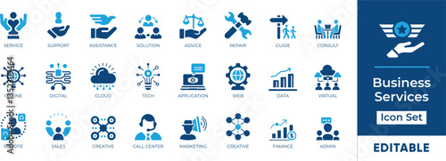 Business Services icon set features essential elements like customer support, digital solutions, cloud services, remote work, and more. Perfect for web design, presentations, and mobile apps.