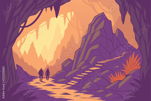 15 Fantasy cave interior, glowing crystals, colorful rock formations, vibrant orange and purple lighting, narrow winding path, shadowy figures, mystical atmosphere, dramatic stalactites and stalagmite