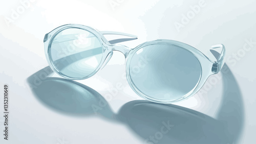High-angle, close-up studio shot of a pair of pale blue, round-framed sunglasses.  The sunglasses are transparent or translucent, allowing a slight view through the lenses. They are lying on a