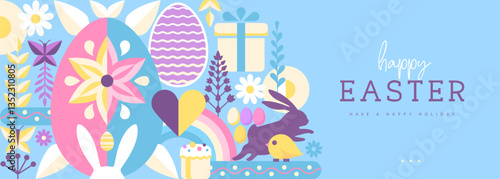 Holiday flat Easter poster or banner with rabbit, Easter eggs, willow branch and flowers. Vector illustration