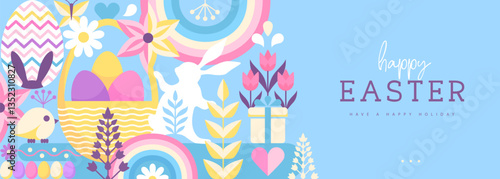 Holiday flat Easter poster or banner with rabbit, Easter eggs, willow branch and flowers. Vector illustration