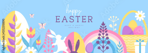 Holiday flat Easter poster or banner with rabbit, Easter eggs, willow branch and flowers. Vector illustration