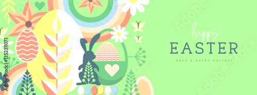 Holiday flat Easter poster or banner with rabbit, Easter eggs, willow branch and flowers. Vector illustration
