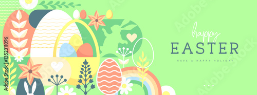 Holiday flat Easter poster or banner with rabbit, Easter eggs, willow branch and flowers. Vector illustration