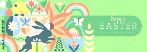 Holiday flat Easter poster or banner with rabbit, Easter eggs, willow branch and flowers. Vector illustration