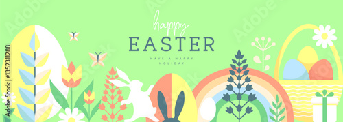 Holiday flat Easter poster or banner with rabbit, Easter eggs, willow branch and flowers. Vector illustration