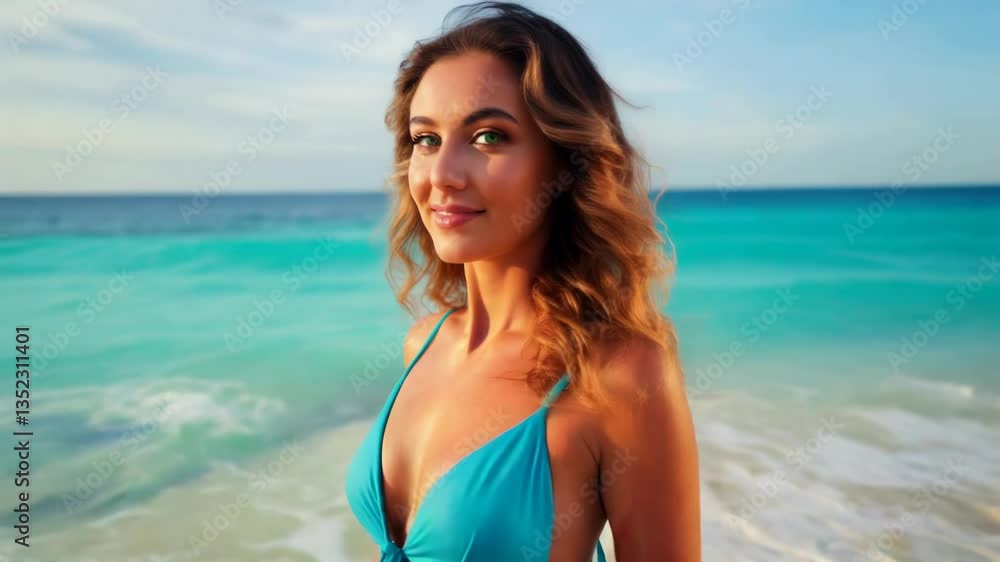 model poses confidently on a sandy beach at sunset, turquoise waves behind her. She wears a bright blue cut-out swimsuit, sun-kissed skin, tousled wavy hair, and green eyes, creating a vibrant summer model poses confidently on a sandy beach at sunset, turquoise waves behind her. She wears a bright blue cut-out swimsuit, sun-kissed skin, tousled wavy hair, and green eyes, creating a vibrant summer