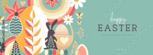 Holiday flat Easter poster or banner with rabbit, Easter eggs, willow branch and flowers. Vector illustration