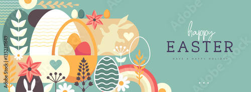 Holiday flat Easter poster or banner with rabbit, Easter eggs, willow branch and flowers. Vector illustration
