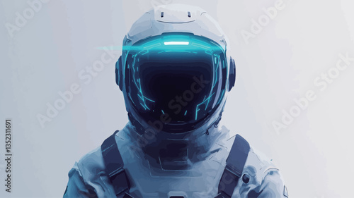 Close-up view of a digitally rendered astronaut's helmet. The helmet is predominantly white with a dark visor and a bright cyan light emanating from the visor's upper edge. The suit is partially
