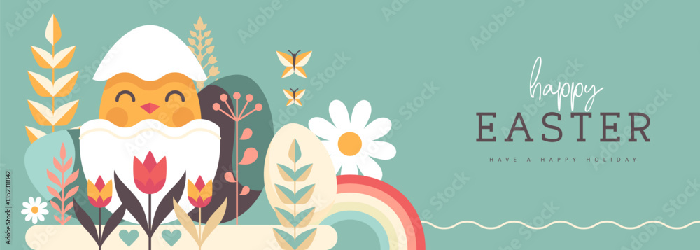 Fototapeta premium Holiday flat Easter poster or banner with Easter eggs, rainbow, chicken and flowers. Vector illustration